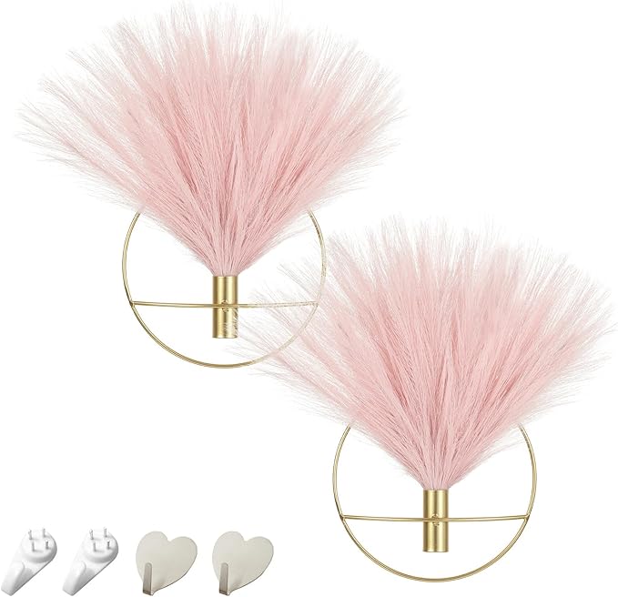Pretty Jolly Boho Wall Decor - Hanging Artificial Pampas Display for Living Room, Bedroom, Bathroom, Dining Room - Metal Wall-Mounted Plant Art 2 Pack