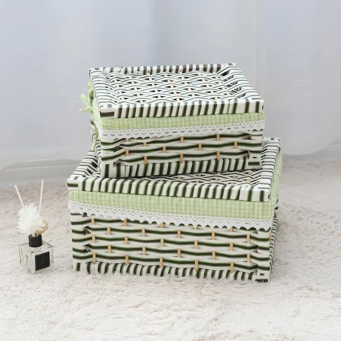 Paper Rope Storage Basket with Lid,Handmade Woven Rustic Green Shelf Basket for Organizing, Decor-Detachable & Washable Lining (Set of 2)