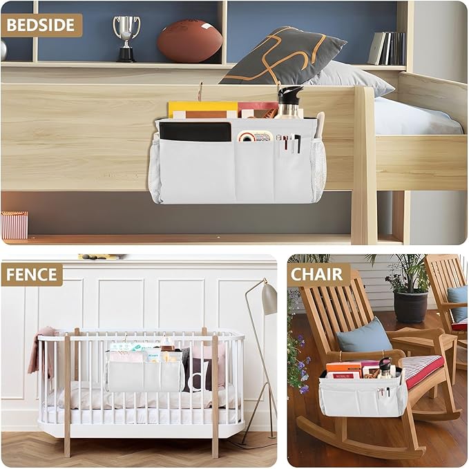 White Bedside Caddy Storage Bag Bedside Organizer for Bunk Bed Headboards College Hanging Storage Organizer 6 Pockets with Hooks for Drinks Magazine Phone Holder