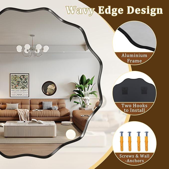 24 Inch Scalloped Round Wall Mirror, Black Wavy Edge Frame Circle Mirror for Bathroom, Bedroom, Entryway, Living Room for Wall Decor