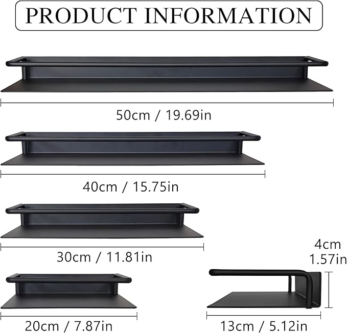 RFOUO Small Shelf for Wall, Small Floating Shelf, Black Wall Shelves, Metal Bathroom Shelves, Metal Floating Shelves for Bathroom Bedroom Kitchen (Black, 8Inch)