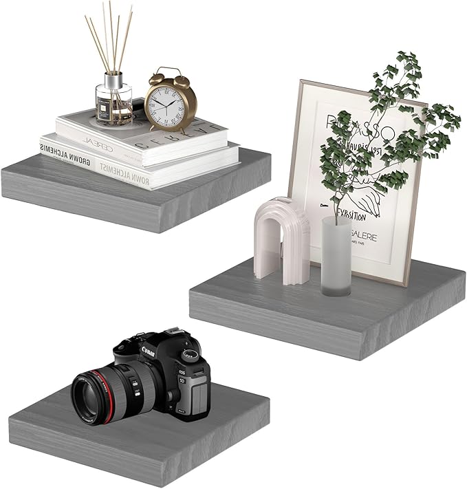 PopiShelves Small Floating Shelves for Wall - 9 Inch Mini Square Grey Shelves for Bedroom, Living Room, Bathroom, Kitchen, Office Decor Set of 3