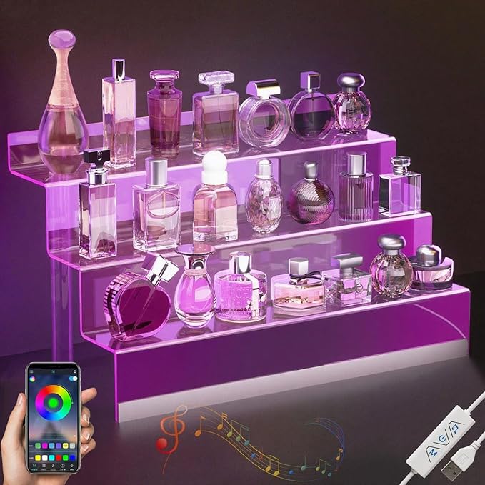 16” Acrylic Display Organizer with LED Light - 3 Tier Perfume Stand and Display Step Shelves Holder, Cologne Organizer for Men, Figures Stand, Porta Perfumes Para Tocador, Clear Riser, Dessert Shelf
