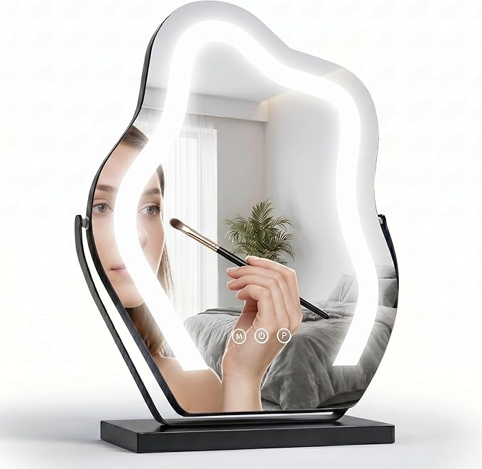 Makeup Mirror with Lights - 17″ Cloud Shaped Smart Touch 3-Color Dimmable 360° Rotation Memory Metal Frame Plug-in AC Power Tabletop Vanity Mirror Gift for Women Teen Girls Black