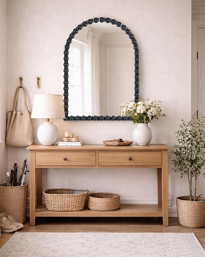Black Beaded Arched Wall Mirror 22x30 Inch, Vintage Decorative Arch Mirror with Beaded Frame, Accent Mirror for Entryway, Bathroom, Living Room, Bedroom, Fireplace