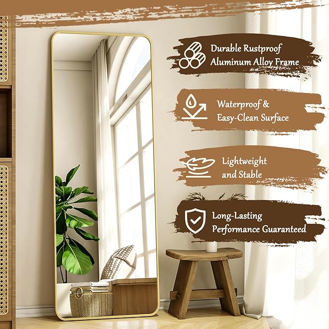 XRAMFY 56"x21" Floor Full Length Mirror Standing Full Body Rounded Corner Rectangle Mirrors with Stand Hanging Wall Mounted Leaning Bedroom Living Room Bedroom Cloakroom,Gold