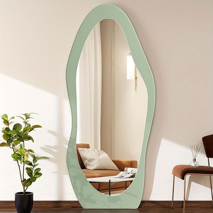 Full Length Mirrors Large Irregular Wavy Mirror Wood Full Body Standing or Wall Mounted Mirror for Living Room Bathroom Bedroom Entryway Decor