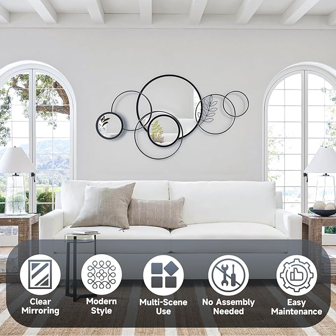Wall Mirror Decorative, Print Round Decorative Mirrors, Large Decor Metal Wall Art Mirro for Entryway, Living Room, Bedroom, Dining Room Kitchen Decor 45''x25.5''