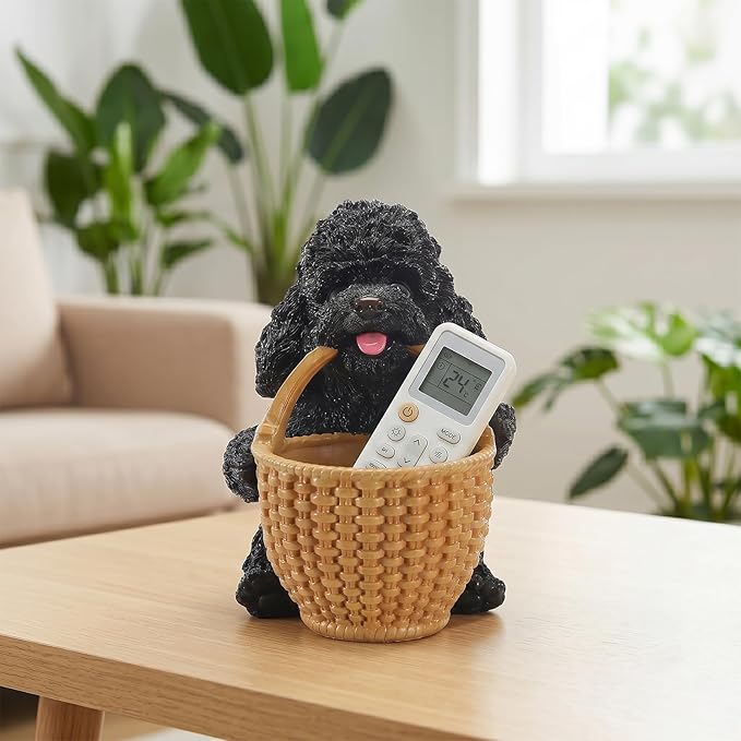 Dog Resin Storage Basket, Desktop Organizer for Remote & Keys, Cute Home Decor Tray, Ideal present for Pet Lovers.(Black Poodle Biting Basket)
