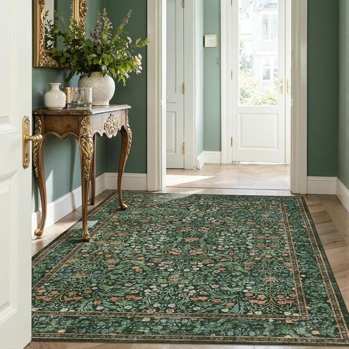 Rugxara 4x6 Area Rugs for Living Room Bedroom, Large Washable Rug, Green Vintage Floral Boho Rug, Non Slip & Low Pile Wool Accent Carpet for Indoor Dining Room, Kids Room and Office(Green 4x6ft)