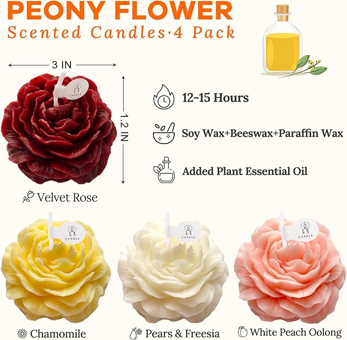 4 Packs Peony Flower Shape Candles for Women - 3 Inch Aromatic Pastel Aesthetic Candle with Fragrance - Christmas Gift for Friends Colleagues and Classmates
