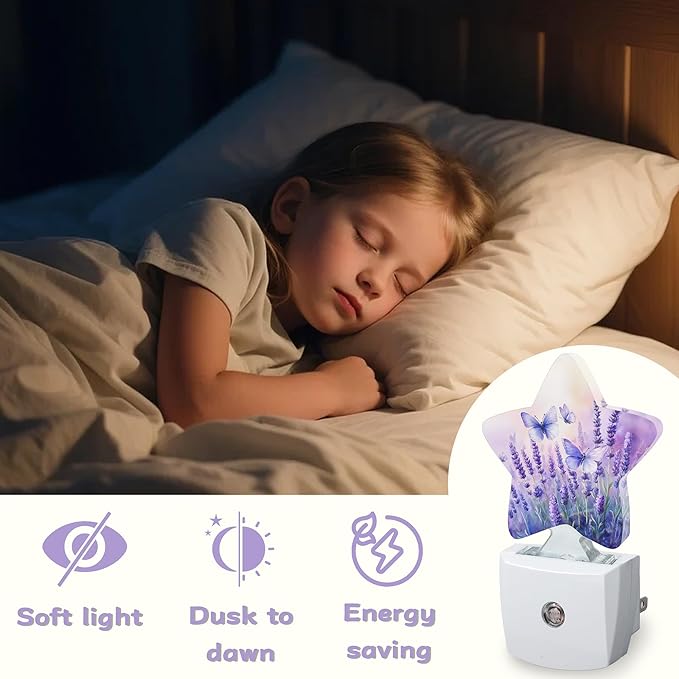 Night Light,Purple Butterfly Night Lights Plug into Wall Lavender Decorations for Bedroom Bathroom,Dusk to Dawn Sensor Kitchen Hallway Stairs Energy Efficient Desk Lamp