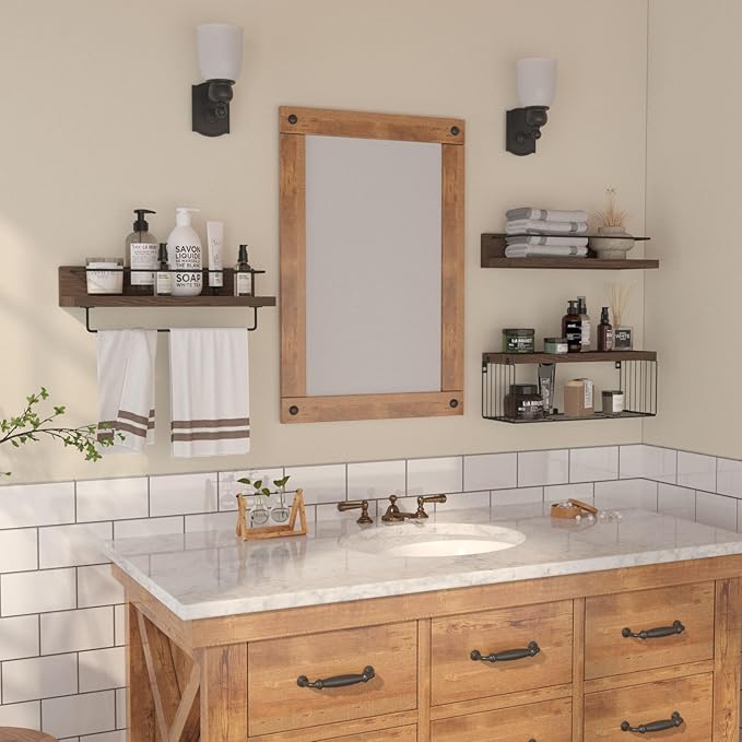 PopiShelves Bathroom Shelves Over Toilet for Wall, Floating Shelves with Storage Basket Paper Holer for Kitchen Living Room, Bedroom & Classroom, Set of 3 (Dark Brown)