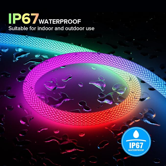 BTF-LIGHTING 6.5FT WS2811 WS2812B IC RGB DC5V 360 Degree Round Reticulate Chasing Color Neon LED Strip Kit Bluetooth Controller Flexible Silicone IP67 Waterproof Rope Light for Home Decor(No Adapter)