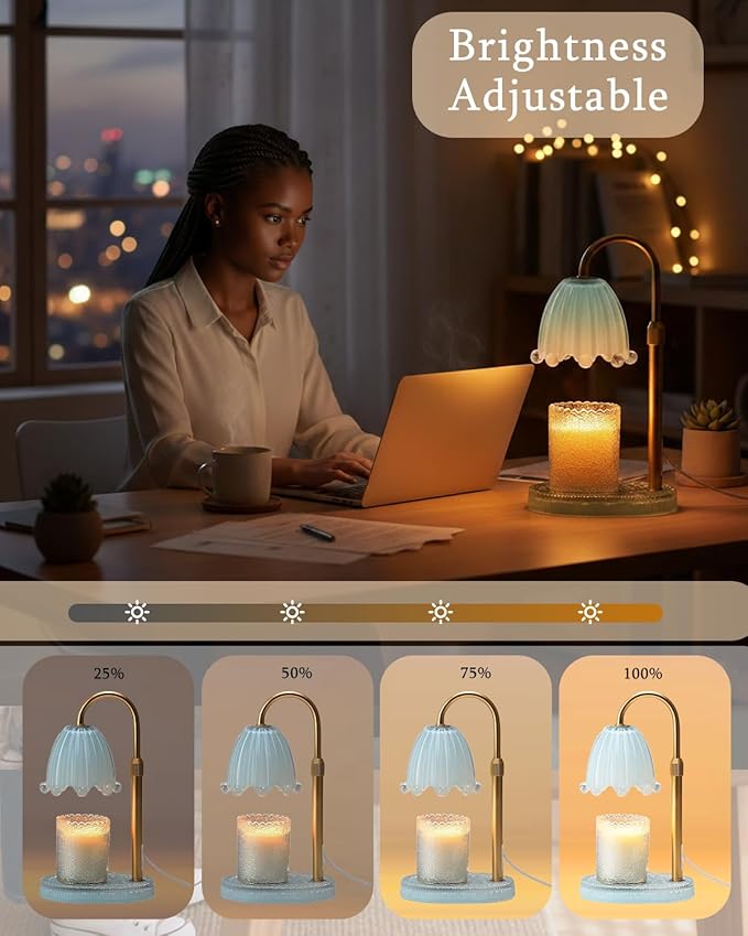 Flower Candle Warmer Lamp with Timer, Vintage Adjustable Glass Warmer Light for Jar Candles, Electric Wax Warming Melter, Gifts for Women Mom, Bedroom Decor (Blue-Flower)