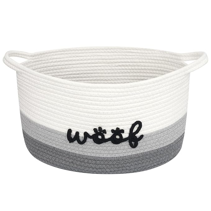 Dog Toy Basket Cute Basket for Baby, Woven Basket Toy Box and Bin for Pet Cat, 15" X 10" X 9" (22L) Large Rope Basket for Blanket Storage, Living Room, Bedroom, White Gray