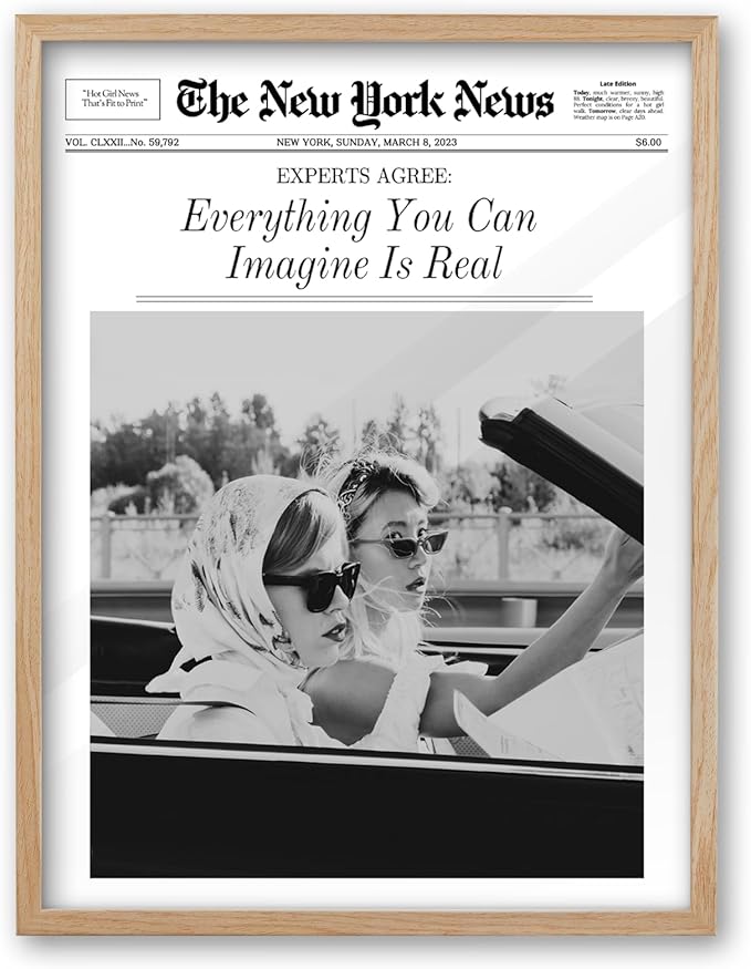 iHery Small Everything You Can Imagine Is Real Framed Trendy NewsPaper Wall Art, Natural OAK Wood 8x10in Canvas Wall Art Decor For Bedroom, Vintage Prints Living Room Home Décor 1Pack