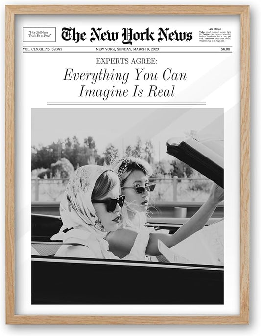 iHery Everything You Can Imagine Is Real Framed Trendy NewsPaper Wall Art, Natural OAK Wood 12x16in Canvas Wall Art Decor For Bedroom, Vintage Hot Girls Prints Living Room Home Décor 1Pack