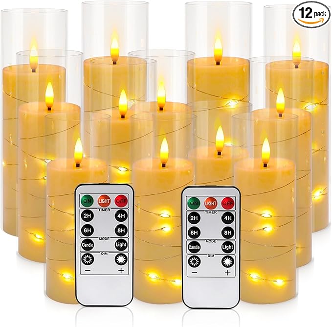 YOROXRG Flickering Flameless Candles Battery Operated with Remote, LED Pillar Candles with Realistic Moving Wick for Halloween, Christmas, Home Decor Pack of 12 (D2.2 x H 5" 6" 7") Ivory
