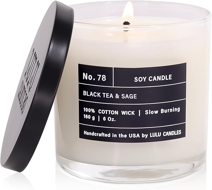 Lulu Candles | Black Tea & Sage | Luxury Scented Soy Jar Candle | Hand Poured in The USA | Highly Scented & Long Lasting- 6 Oz.