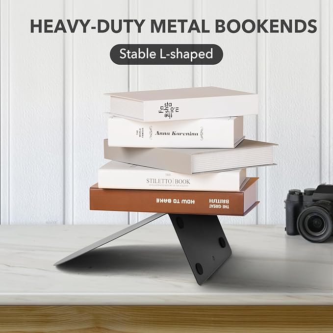 Metal Book Ends for Shelves - 8Pcs Bookends for Heavy Books Non-Skid Decorative Book Stopper to Hold Books/CDs for Home Office School and Desktop Organizer, Black