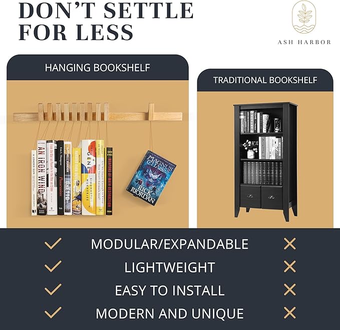 Ash Harbor Floating Wall Bookshelf - Wall Mounted Book Organizer with Included Bookmarks - Hardwood Hanging Bookshelf for Bedroom, Living Room, or Kitchen - A Thoughtful Gift for Book Lovers (Natural)