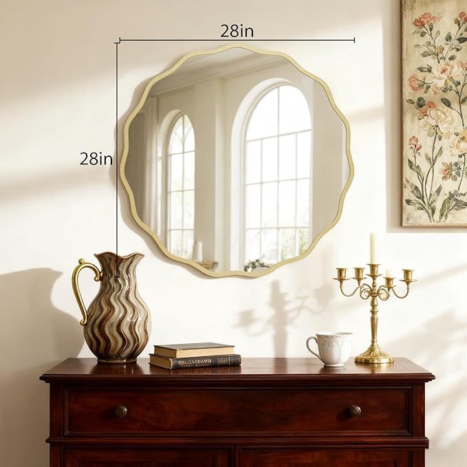 HOMECOOKIN 28 Inch Wavy Round Wall Mirror, Round Wavy Wall Mirror with Aluminum Frame for Bathroom Upgrades, Hotels, Dressing Tables,Farmhouses