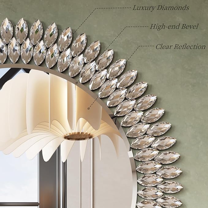 Kelly Miller 36" Large Round Jeweled Wall Mirror, Luxury Diamond Beveled Decorative Mirror for Bedroom Living Room Bathroom Hallway Entryway Fireplace