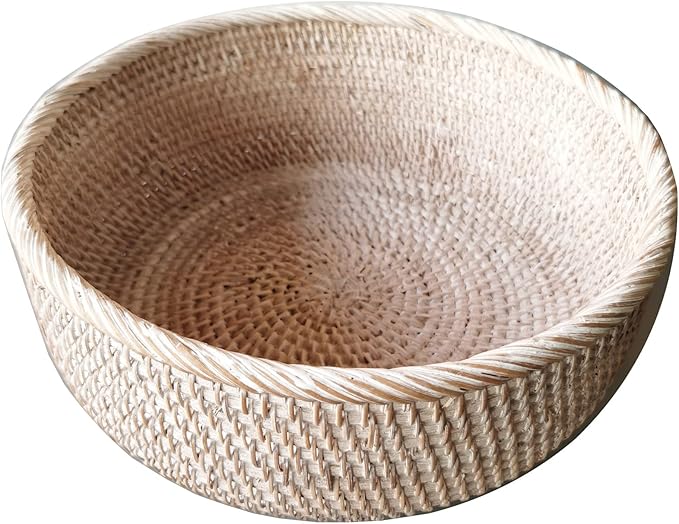 White Round Rattan Basket, Decorative Wicker Fruit Serving Bowl Tray with 4 Inch High Wall