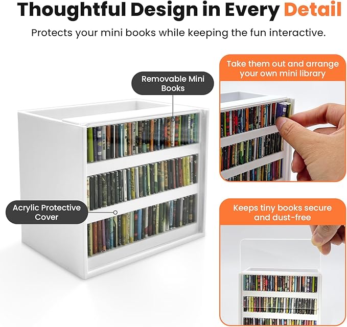White Anxiety Bookshelf with 100 Mini Books, Shaking Miniature Library for Stress Relief, Aesthetic Bookmark Holder & Pencil Organizer, Tiny Book Shelf Ornament, Gifts for Book Lovers Decor
