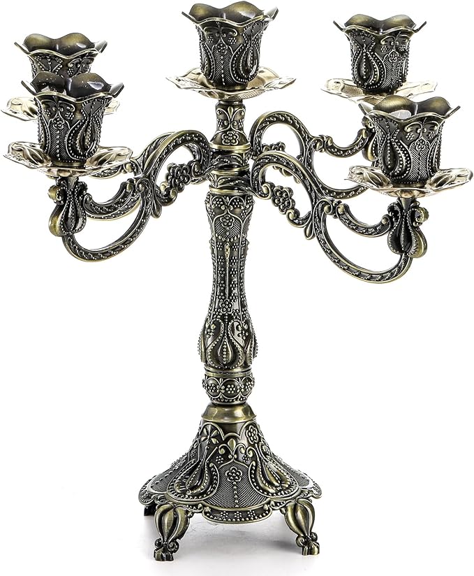 Peohud 5-Candle Metal Candelabra, 10 Inch Tall 5 Arms Candle Holder Stick for Taper Candles, Vintage Candelabra Candle Stand for Home Decor, Event, Wedding, Party