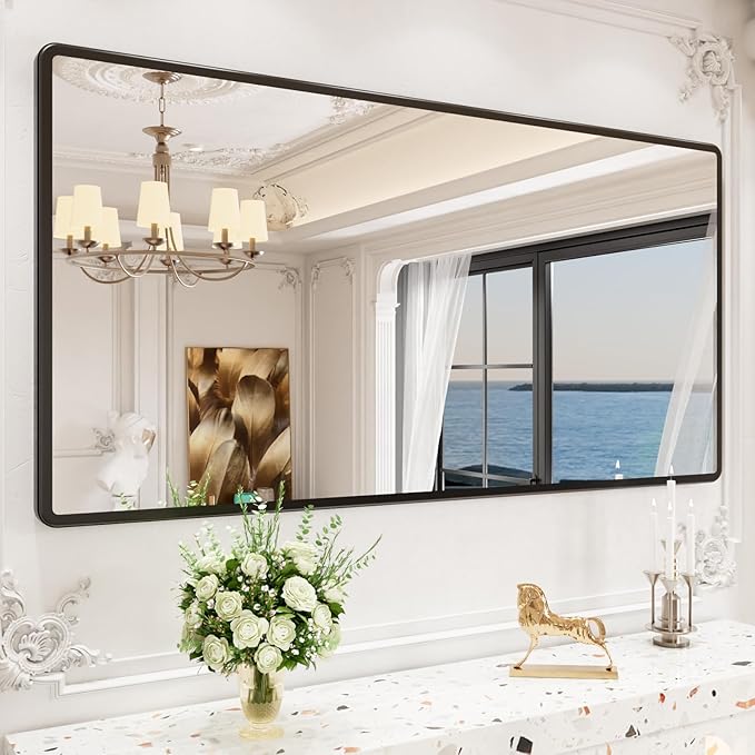 pertetey New Upgrade Bathroom Mirror, 60X30 Inch Black Metal Frame Wall Mounted Rounded Rectangle Bathroom Vanity Mirror with Tempered Glass for Washroom Bedroom Living Room