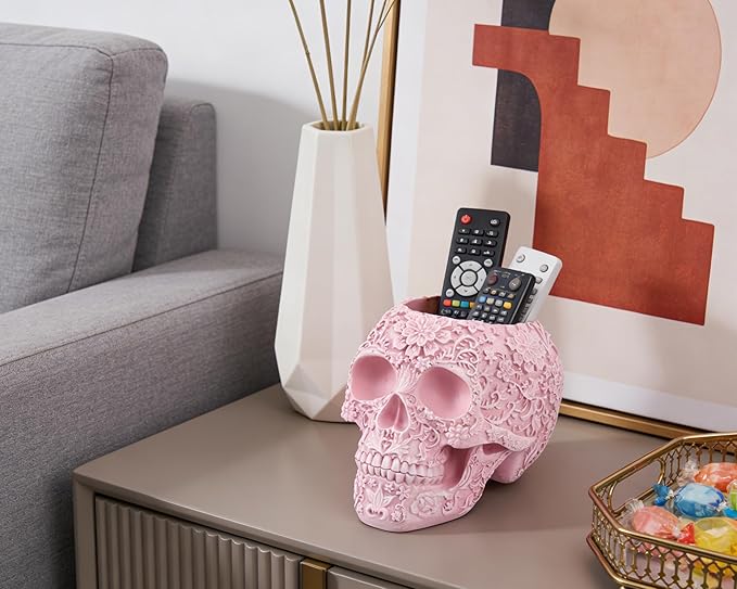 Skull Bowl Decorative Skull Vase Makeup Brush Pen Holder Organizer Dresser Gothic Table Organizer Decoration, Pink Skull Pot Enthusiasts Gifts