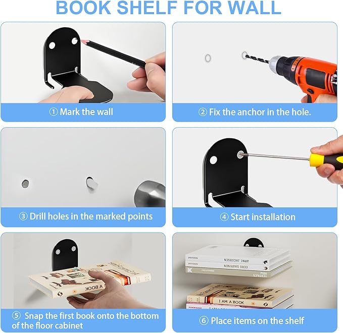 4-Pack Invisible Floating Bookshelves,Floating Book Shelf for Wall,Steel Hidden Bookshelf Hanging Shelves for Bedroom Living Room Office Study Room Decor,Drilling Mounted Bookshelves,Book Organizers