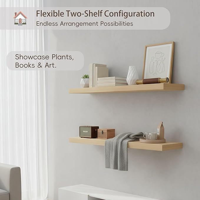 Lufia Floating Wall Shelves, Set of 2, MDF with Invisible Brackets, Modern Storage for Bedroom, Bathroom, Living Room, Kitchen (Oak, 28" W x 7" D x 1.5" H)