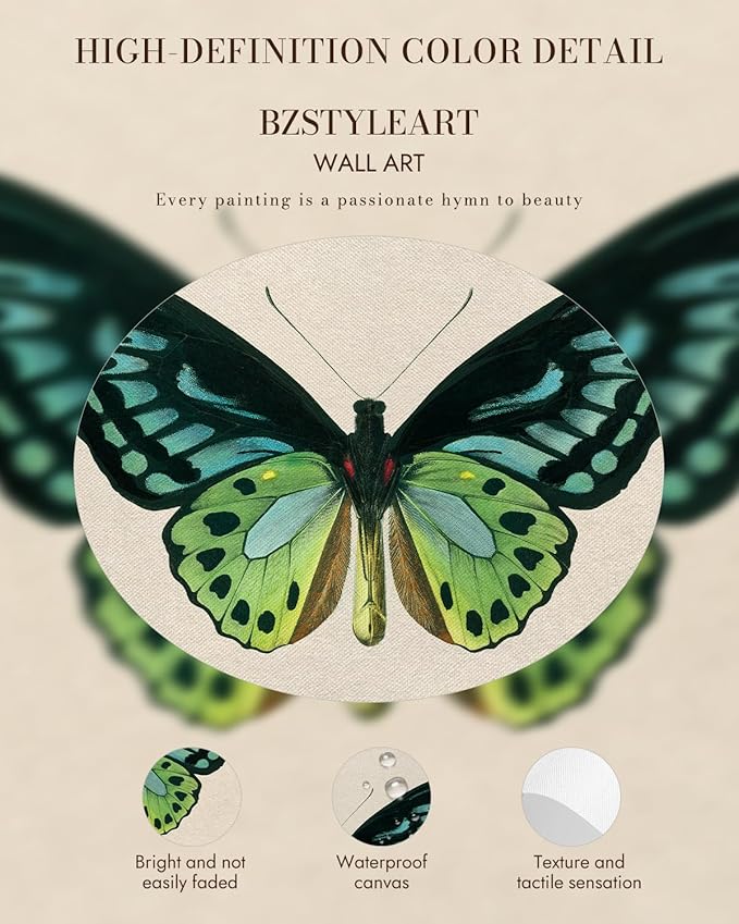 Bzstyleart Vintage Wall Art Decor, Vintage Gold Framed Wall Art, Green Butterfly Frmaed Artwork for Office, Aesthetic Canvas Picture Print, Painting for Bedroom Living Bathroom, 12 x 16 Inch