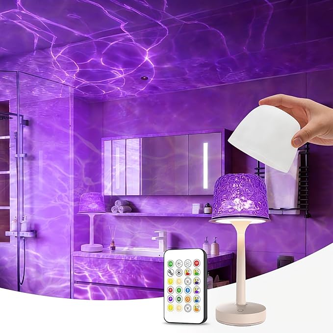 Rechargeable Waterproof Spa-Like Shower Lamp with 16 RGB Colors & Ocean Wave Projector, Dimmable Cordless Light with Touch & Remote Control, 2‑in‑1 Bathroom Lamp for Shower, Bathtub, Indoor & Outdoor