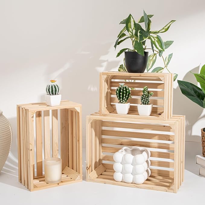 Set of 3 Nesting Wooden Storage Crates - Large Rustic Wooden Storage Crates for Display Wood Container Boxes Wood Baskets for Farmhouse Flower Stand Display Rack for Shops or Exhibitions Home Decor