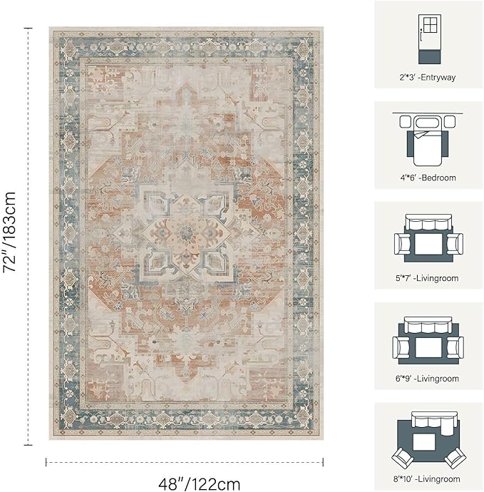 Rugxara 4X6 Rug,Washable Area Rugs for Living Room, Orange Boho Rug,Neutral Vintage for Bedroom, Dining Room, Kids Room, Farmhouse, Low Pile Non Slip Carpet for High Traffic Areas, Coral(Orange&Blue)