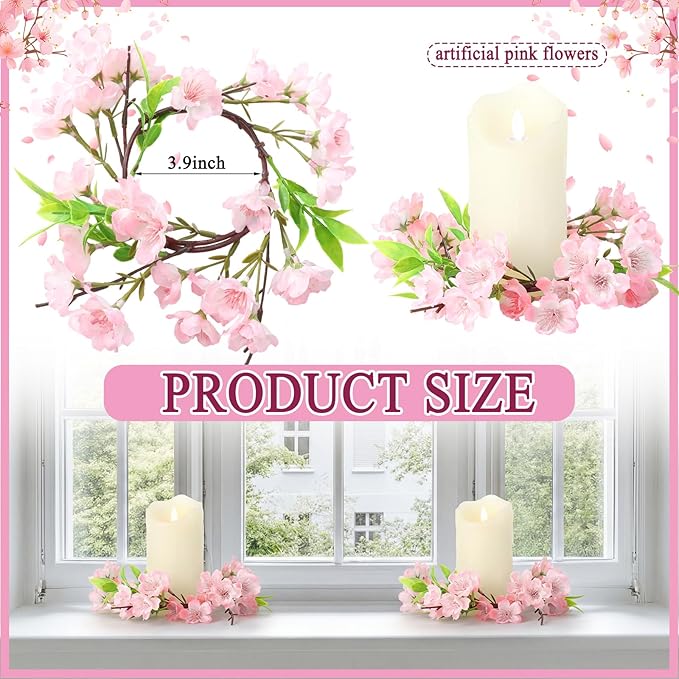 Daifunli 2 Pcs Spring Cherry Blossom Candle Ring Artificial Cherry Blossom Wreaths for Pillar 3.9 Inch Candles Holder for Spring Country Wedding Kitchen Rustic Table Centerpiece Decor