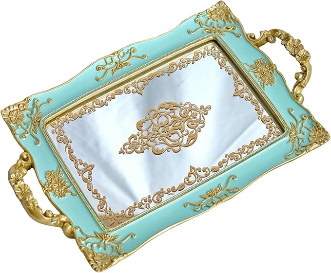 French Style Decorative Mirror Tray, Dresser Counter Coffee Table Jewelry Perfume Organizer for Makeup Jewelry (Green)