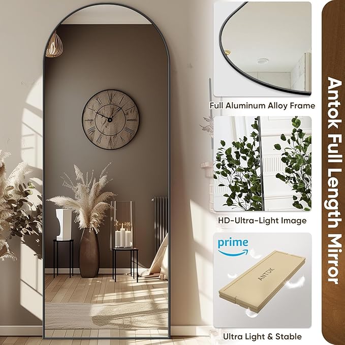 Antok Arched Full Length Mirror, 56"x15" Black Metal Frame Floor Mirror for Bedroom Living Room, Freestanding/Wall Mount/Leaning