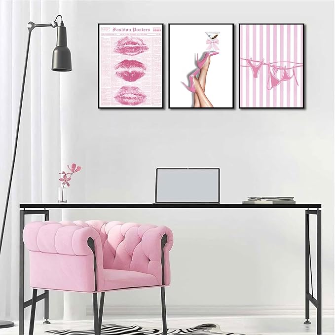 3Pcs Trendy Coquette Wall Art Pink Lips Bikini & Bow Heels Wall Decor Pictures Vintage Martini Newspapaer Canvas Posters Prints for Y2K Girly Room Dorm Apartment Preppy Aesthetic Decor 12x16in