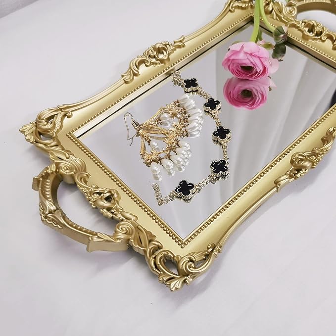 Small Rectangle Decorative Mirror Tray, French Style, Makeup Organizer, Jewelry Organizer, Serving Tray, 13"x 7.8", Gold