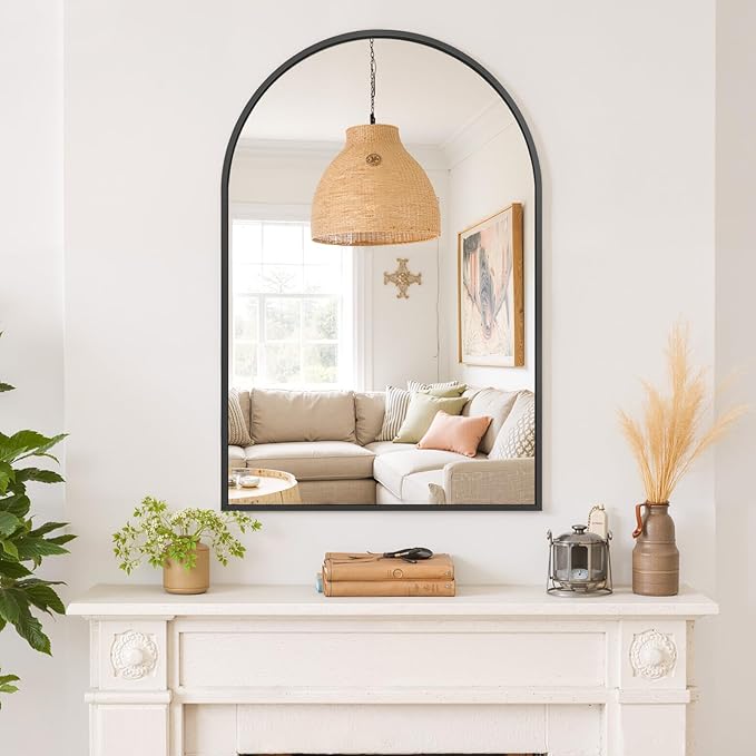 Arched Wall Mirror 36x24 Inch Black Bathroom Vanity Mirror with Metal Frame, Modern Arch Mirror for Bedroom, Living Room, Entryway, Wall Mounted Decorative Mirror