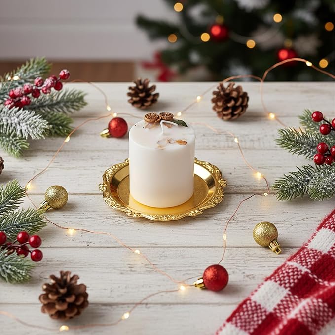 2 PCS Gold Pillar Candle Holder Decor, 5.9 Inch Round Metal Carved Candle Tray, Pillar Candles Plates Stand Decorative for Scented Ball Flameless Candles LED Coffee Table Wedding Party Home