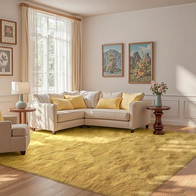 5x7 Yellow Rug for Living Room Shag Area Rugs Fluffy Bedroom Plush Carpet Thick Non Slip for Nursery Kids PlayRoom Home Decor Aesthetic