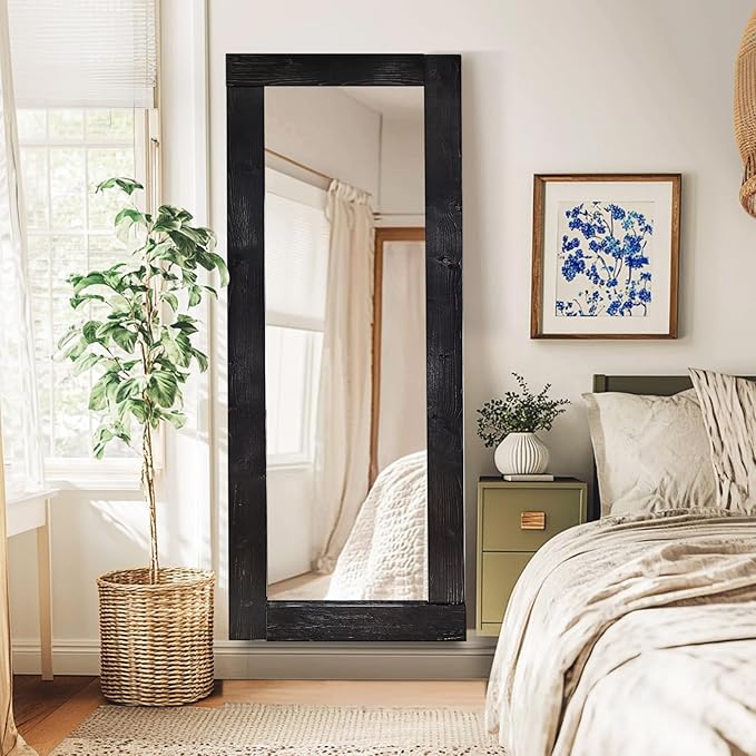 Full Length Mirror 65"x24" – Solid Wood Frame, HD Tempered Glass, Wall Mounted & Leaning, Rustic Modern Decor for Bedroom, Living Room, Entryway, Black
