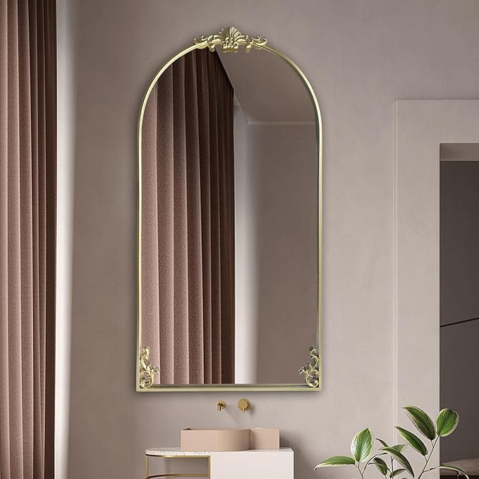 POZINO Gold Arched Mirror, 22"x47" Ornate Carved Mirrors, Vintage Arch Mirror with Metal Frame, Large Elegant Decorative Mirrors for Living Room Mantel Bathroom Bedroom Entryway