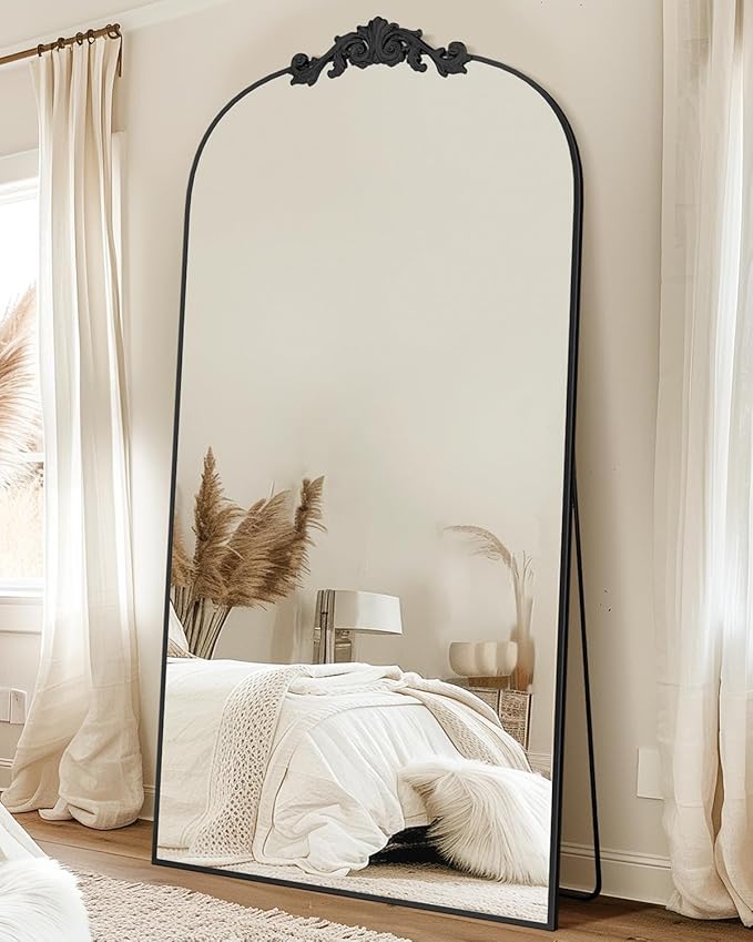 Vintage Full Length Mirror,78"x38" Arched Antique Floor Mirror with Carved Metal Frame,Large Standing Wall Mounted or Leaning Mirror for Bedroom Living Room Entryway,Black